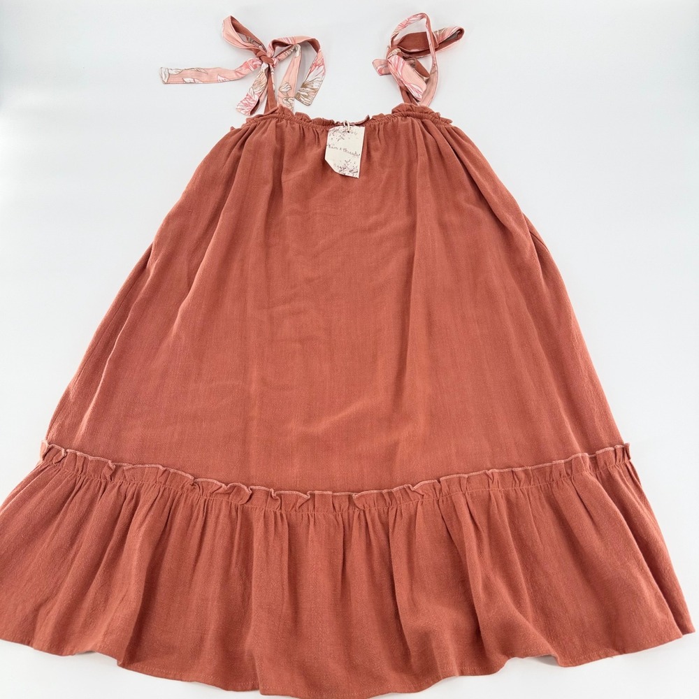 HEM & THREAD Linen Blend Tie Strap Ruffle Mini Dress Rust Large New With Tags - Picture 5 of 11